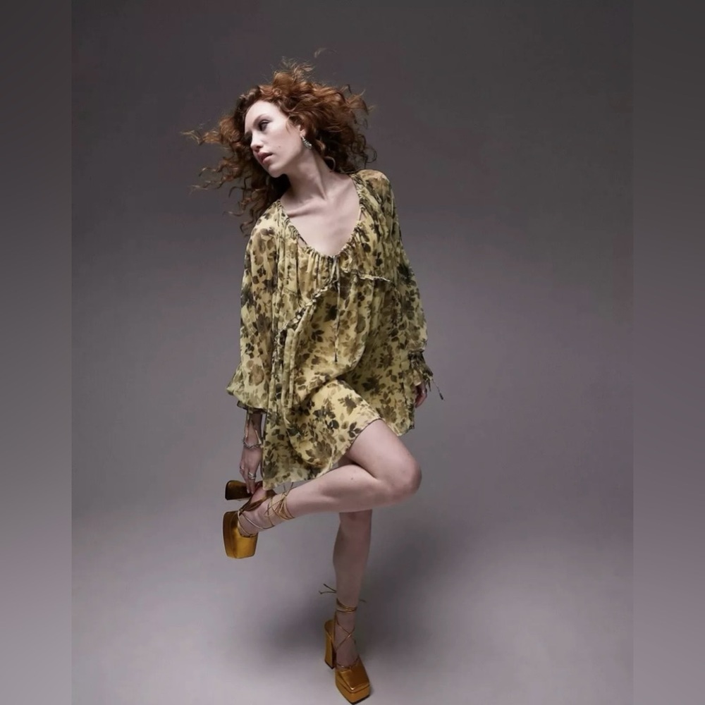 Topshop Floral Print Babydoll Dress Yellow Black Chuck Size 10